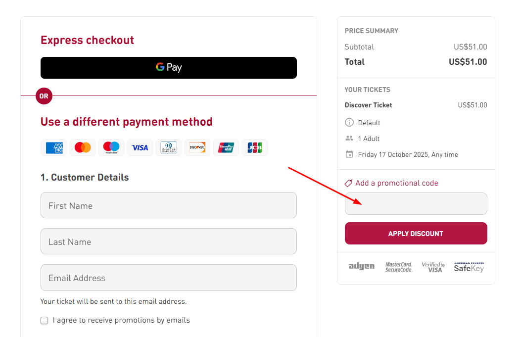  Add a promotional code Big Bus Tour Singapore